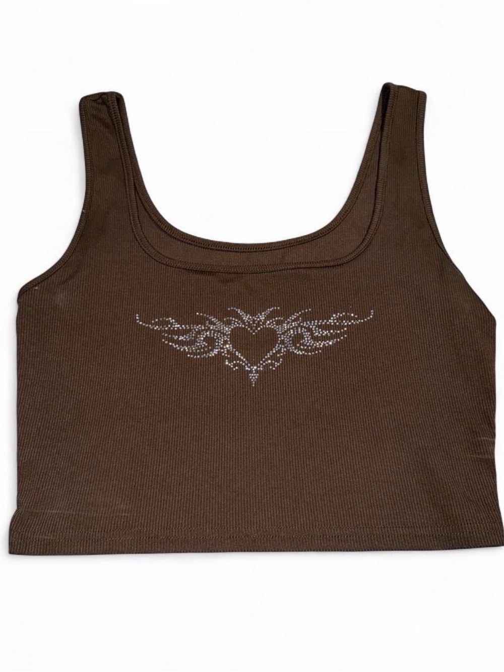 Y2K Cider Brown Ribbed Crop Tank with Logo Tag